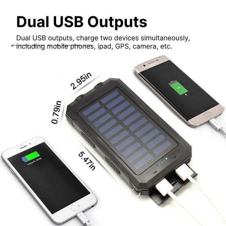 Draagbare zonne-energie powerbank (20000mAh) voor outdoor avonturen, waterdicht en robuust ontwerp.