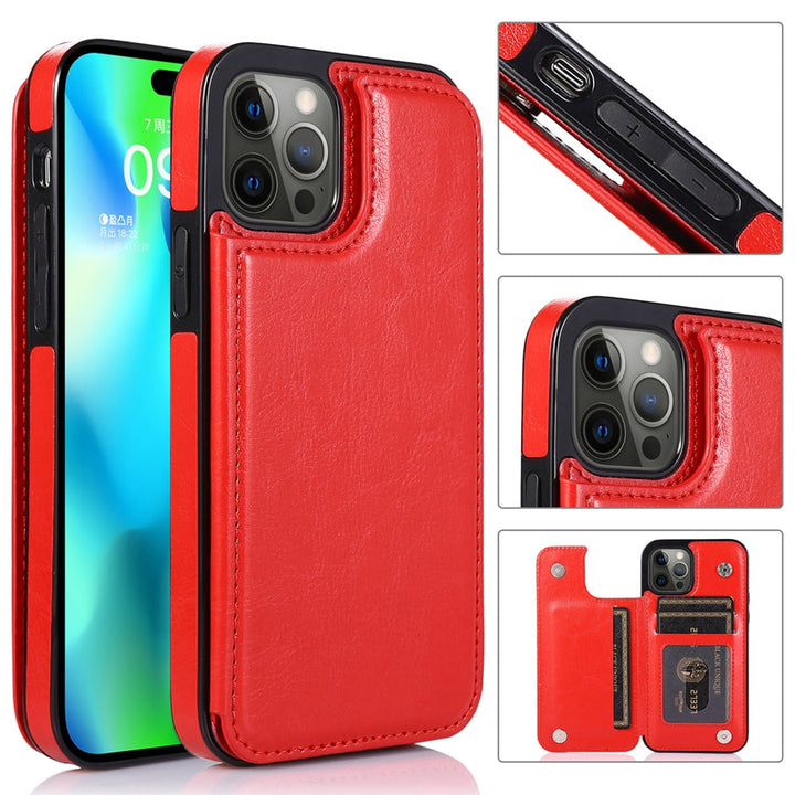 Elegante leren hoes voor mobiele telefoon, met praktische kaartvakken en veilige magnetische sluiting.