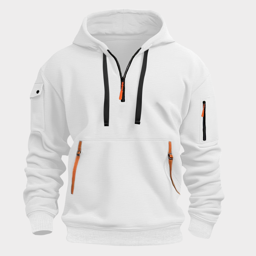 Zwarte heren kleding hoodie getoond van de achterkant voor comfortabele stijl