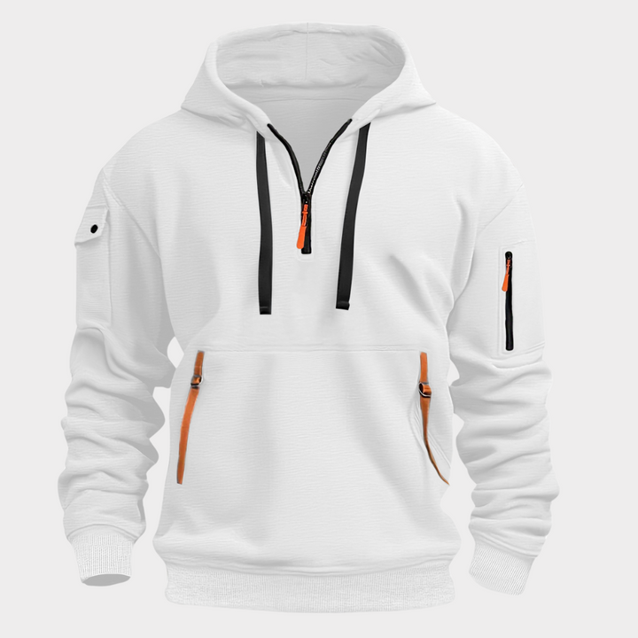 Zwarte heren kleding hoodie getoond van de achterkant voor comfortabele stijl