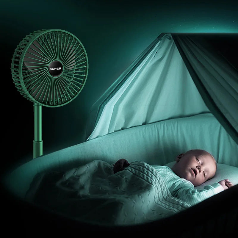 Uitgeschoven telescopische USB-ventilator, krachtige luchtstroom voor optimale, stille koeling thuis.