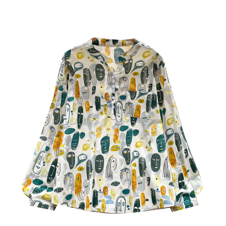 Dames Vintage Blouse met Geometrische Print – Losse Pasvorm & Lange Mouwen