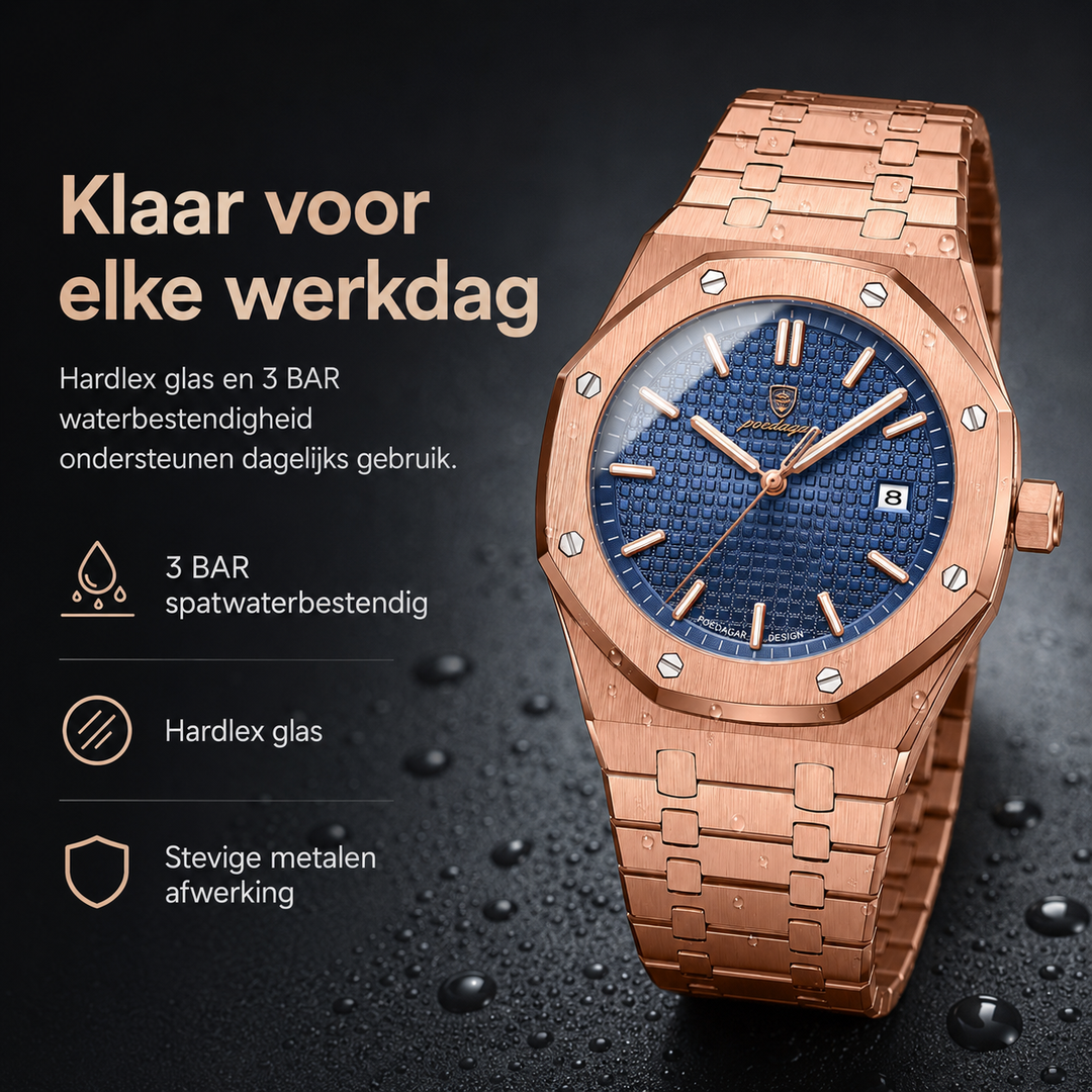 Moderne elegantie: Jonas Deluxe horloge om de pols van een man, comfortabel en chique.