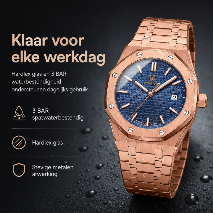 Moderne elegantie: Jonas Deluxe horloge om de pols van een man, comfortabel en chique.