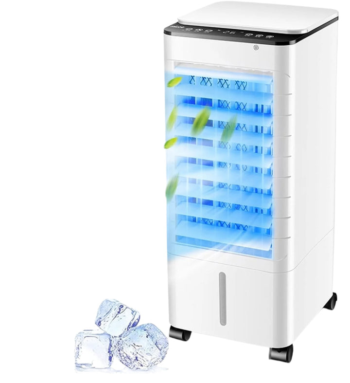 Witte mobiele airconditioner met koele luchtstroom en ijsblokjes