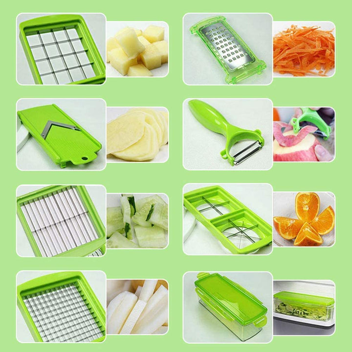 De compacte groentesnijder met opvangbak voor een nette keuken tijdens het snijden.