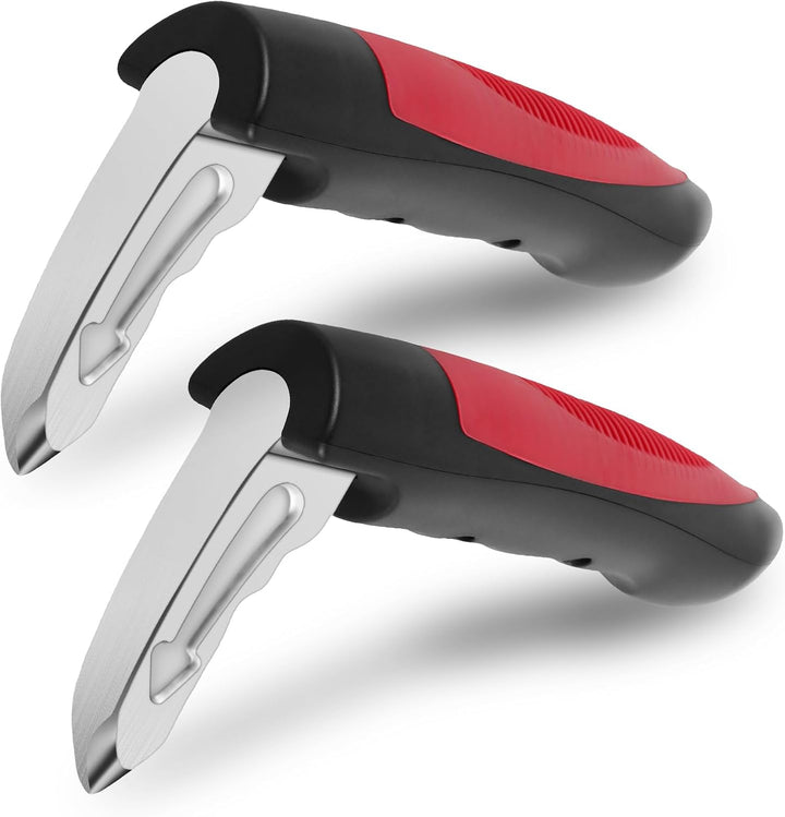 Twee auto hulp handgrepen in rood en zwart, schuin geplaatst op witte achtergrond.