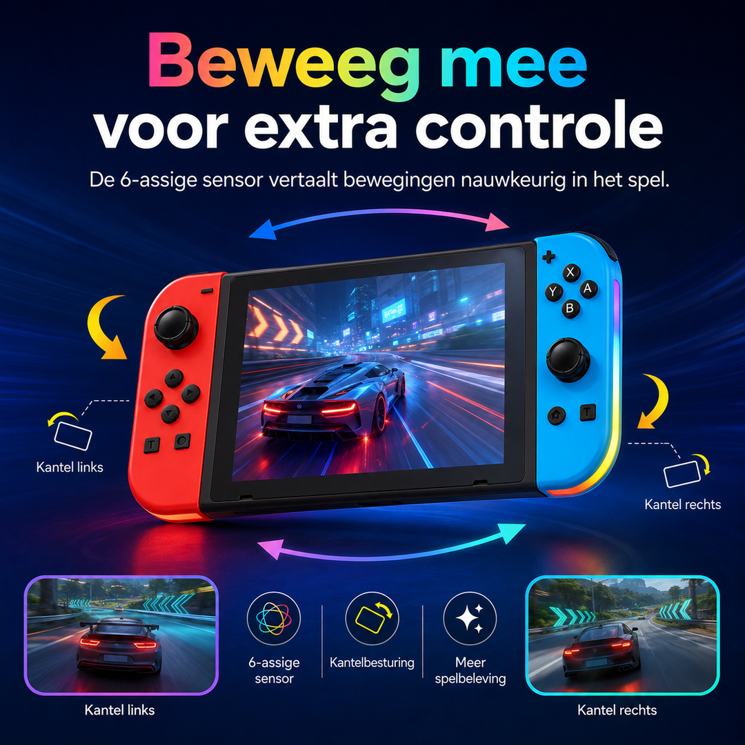Handheld console met gekleurde joysticks en bewegingsbesturing