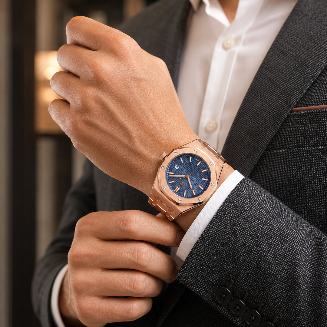 Close-up van het Jonas Deluxe herenhorloge, nadruk op de strakke lijnen en hoogwaardige afwerking.