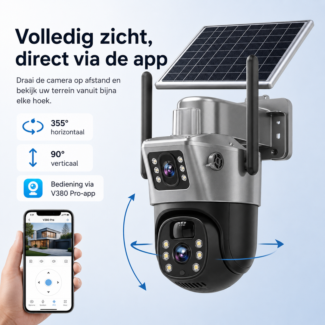 Weerbestendige buitencamera met geïntegreerd zonnepaneel en slimme sensor