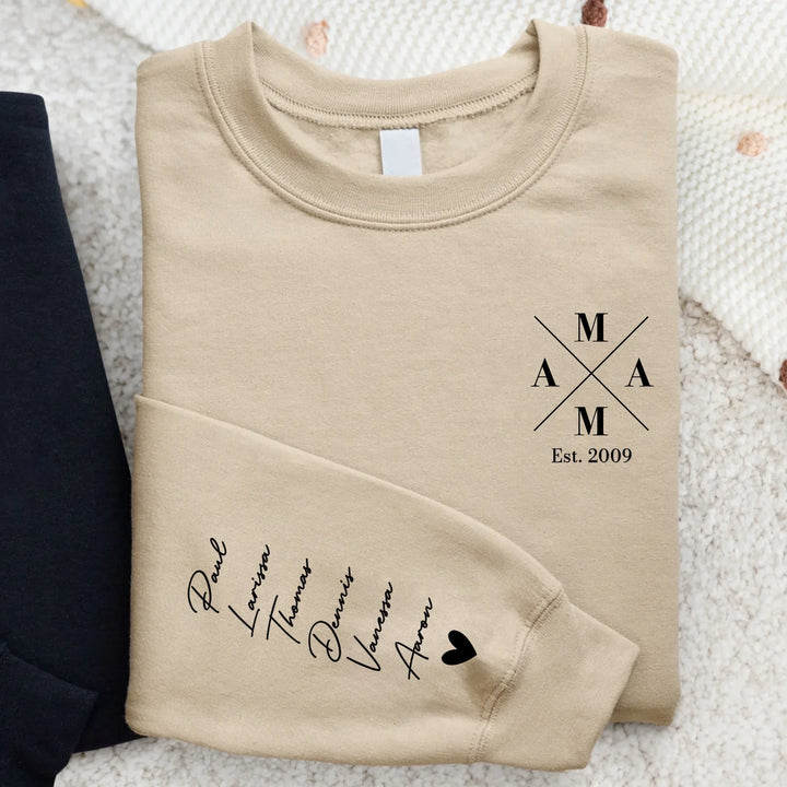 Gepersonaliseerde beige dames sweater opgevouwen met zwarte tekst