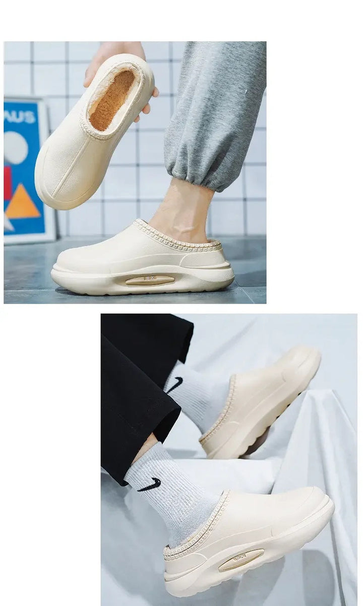 Zijaanzicht van beige gevoerde heren tuinklompen, praktische winter schoenen