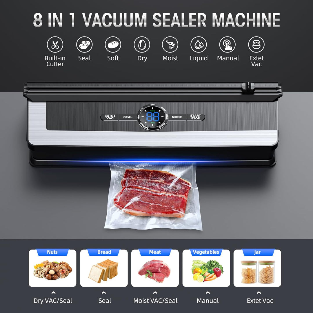 De 8-in-1 vacumeermachine in een moderne keuken, essentieel voor voedselbewaring en vermindering van verspilling.