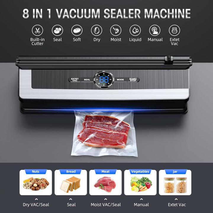 De 8-in-1 vacumeermachine in een moderne keuken, essentieel voor voedselbewaring en vermindering van verspilling.