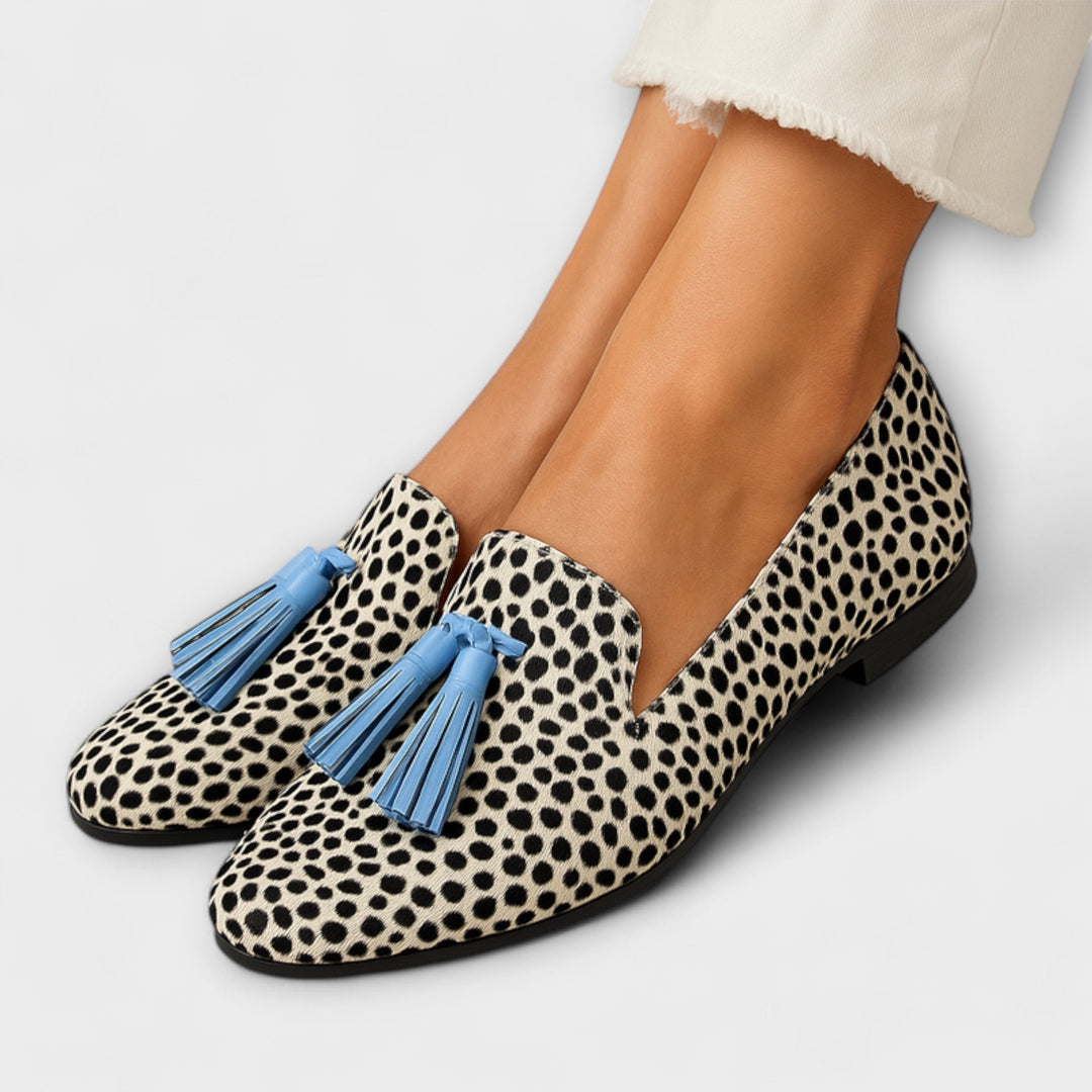 Stijlvolle dames loafers met kwastjes en dierenprint aan de voet