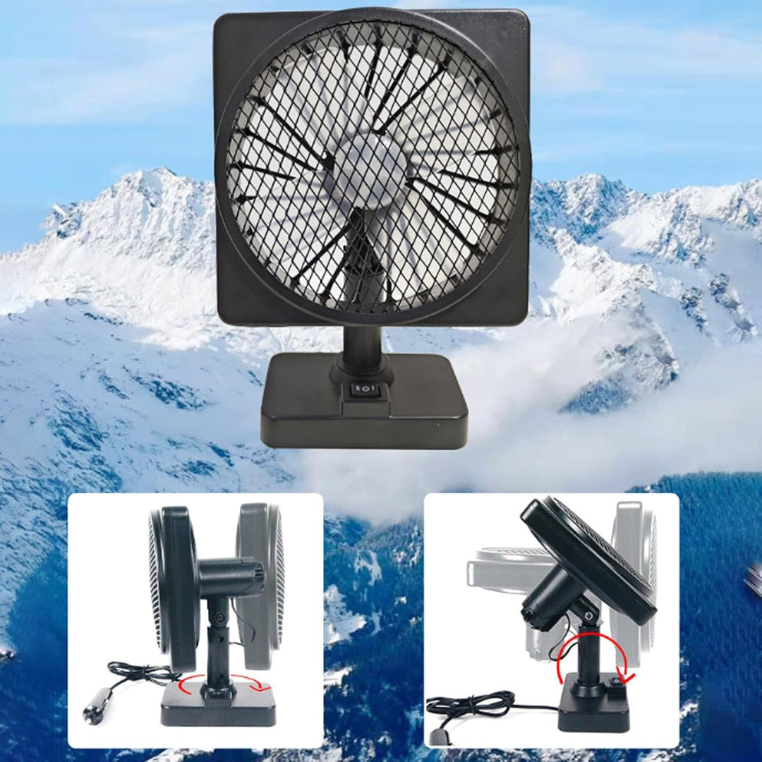 Compacte en stille 12V auto ventilator, ideaal voor frisse lucht tijdens lange reizen.