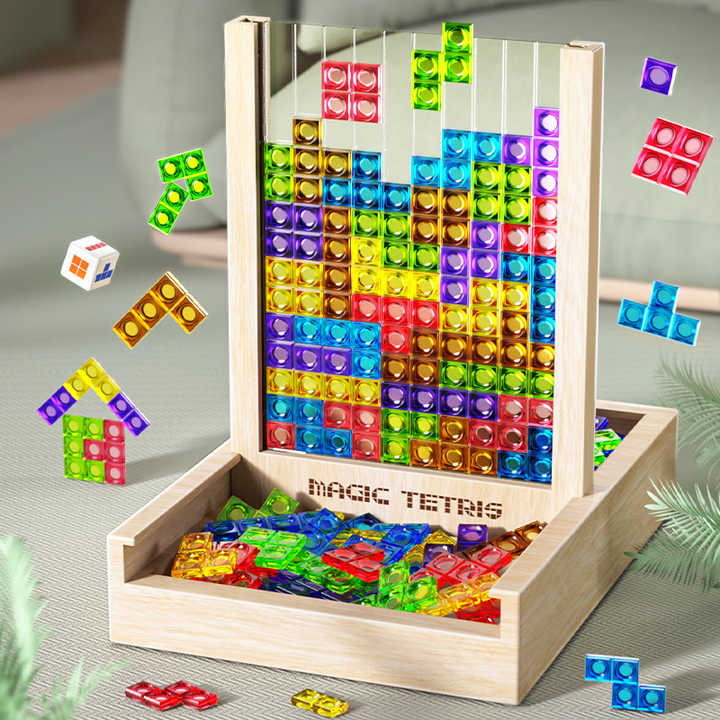 Overzicht van het houten Tetris puzzelspel met kleurrijke stenen