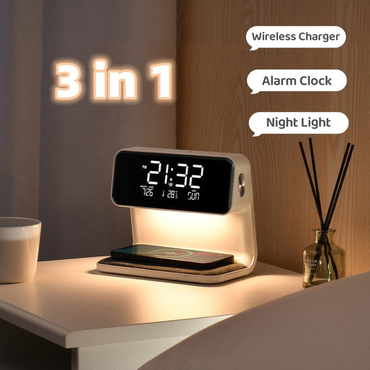 Multifunctionele LED tafellamp met draadloze oplader en wekker, ideaal voor slaapkamer of kantoor.