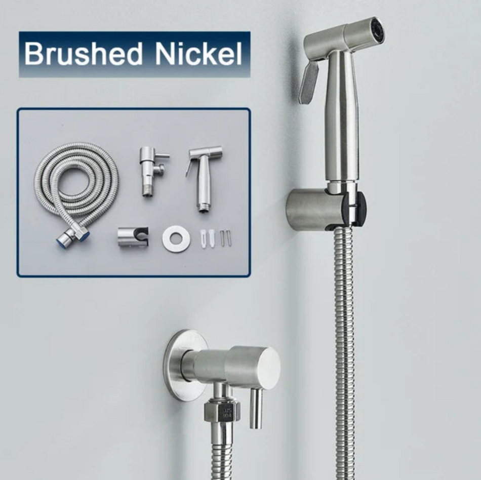 Geborsteld nikkel bidet set inclusief sproeier, slang en aansluitstukken