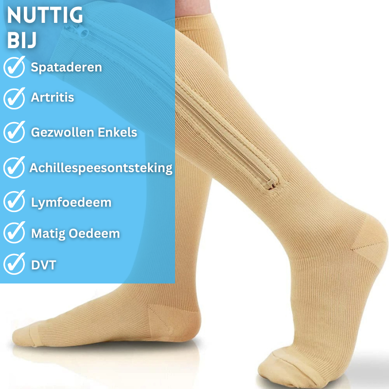 Hoogwaardige unisex compressiekousen met rits, essentieel voor comfort, gezonde bloedsomloop en herstel.