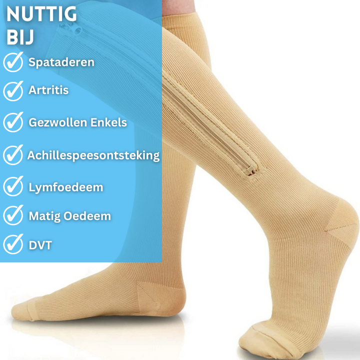 Hoogwaardige unisex compressiekousen met rits, essentieel voor comfort, gezonde bloedsomloop en herstel.