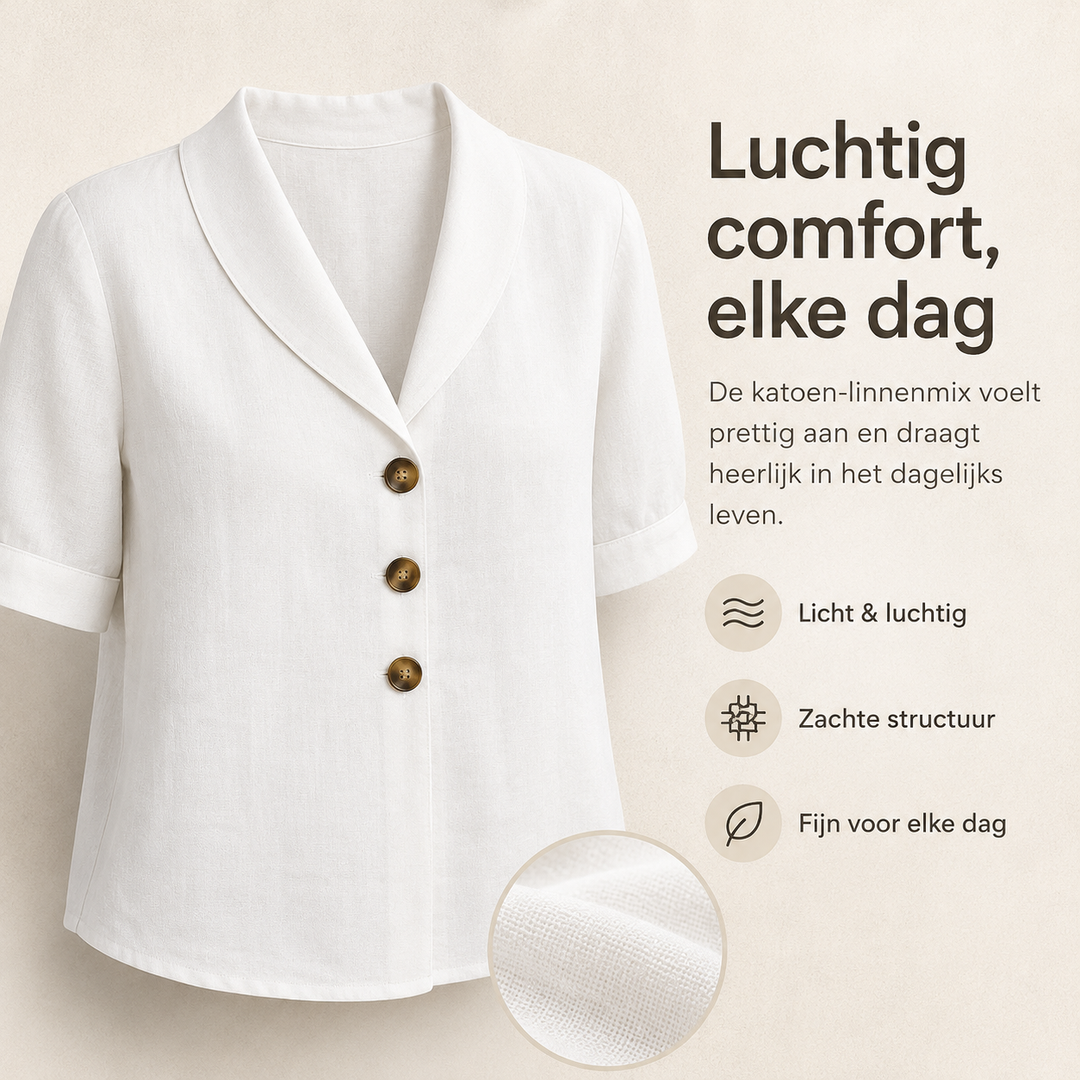Detailopname van de knoopdetails en kraag op damestop met korte mouw