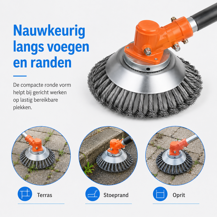 Grastrimmer borstelkop met overzicht van toepassingen voor terras, stoeprand en oprit