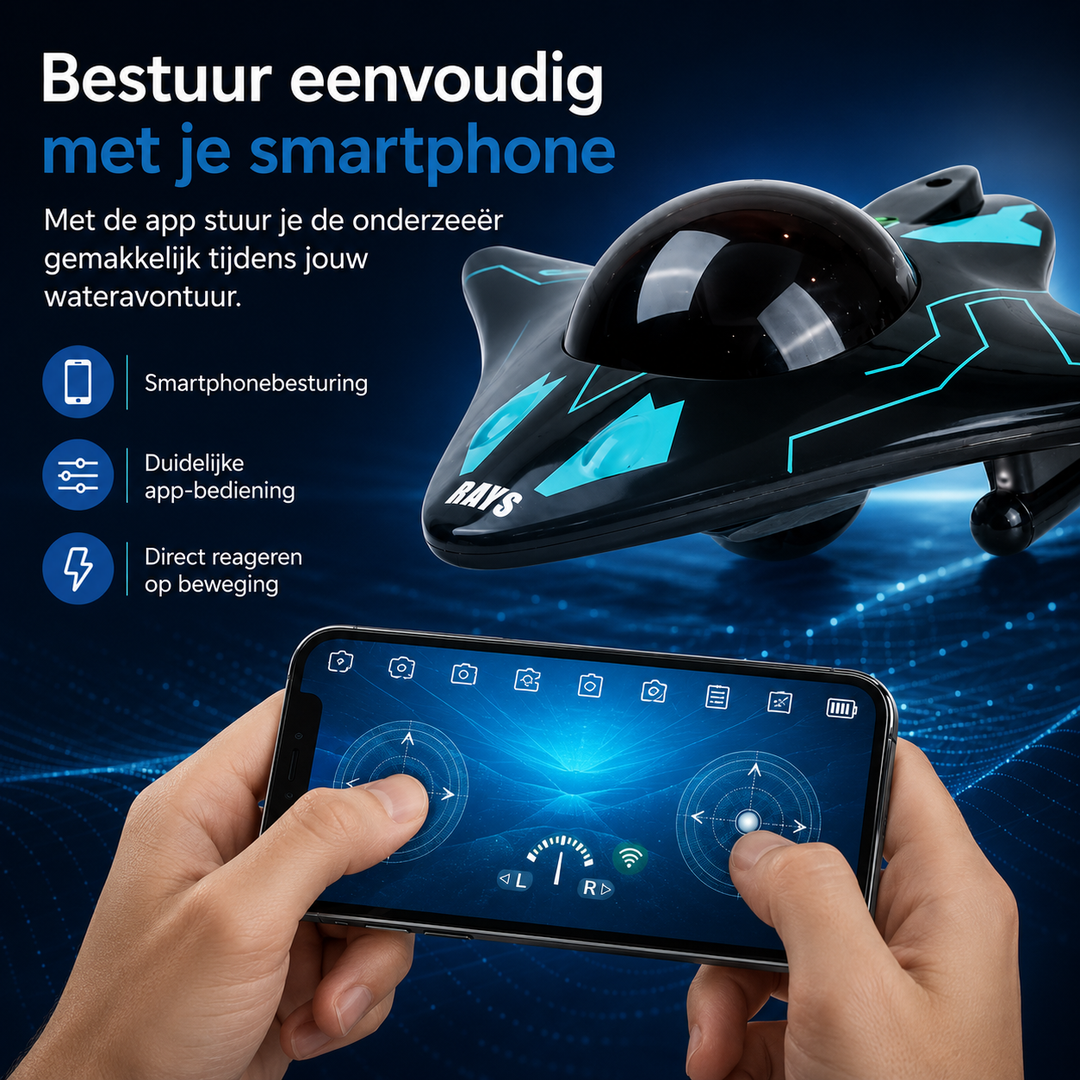 Handen die een RC onderzeeër bedienen via smartphone app