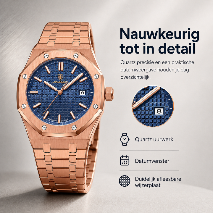 Gedetailleerd beeld van het Jonas Deluxe herenhorloge met duidelijke datumweergave.