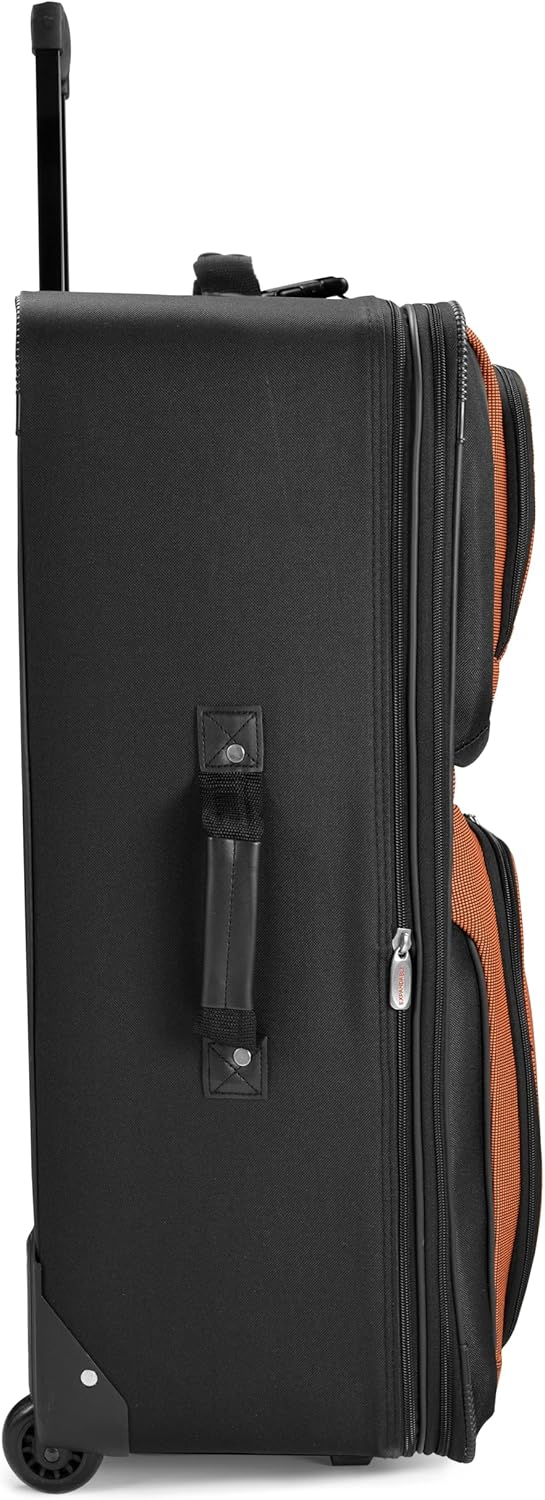 Levendige oranje softshell bagageset met 8 delen, inclusief inpakcubes voor overzichtelijke vakantie.