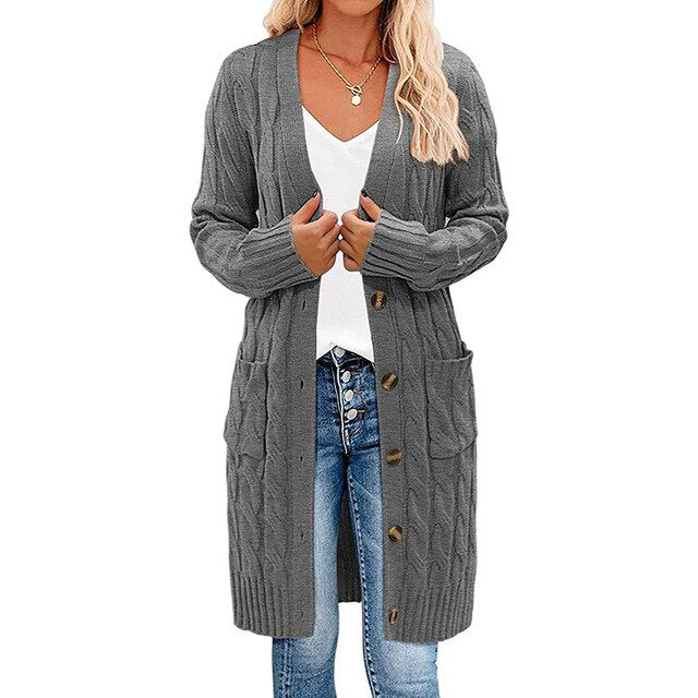 Modieus lang gebreid vest voor dames getoond van de achterkant