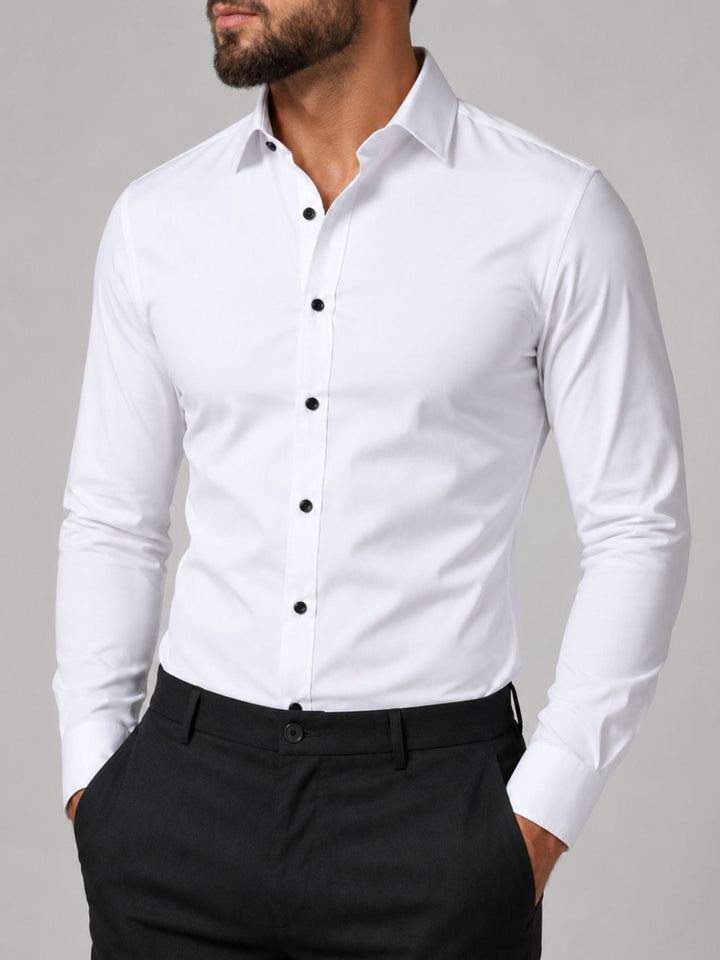 Wit heren stretch overhemd met lange mouwen, slim fit en comfortabel voor zakelijk & casual.