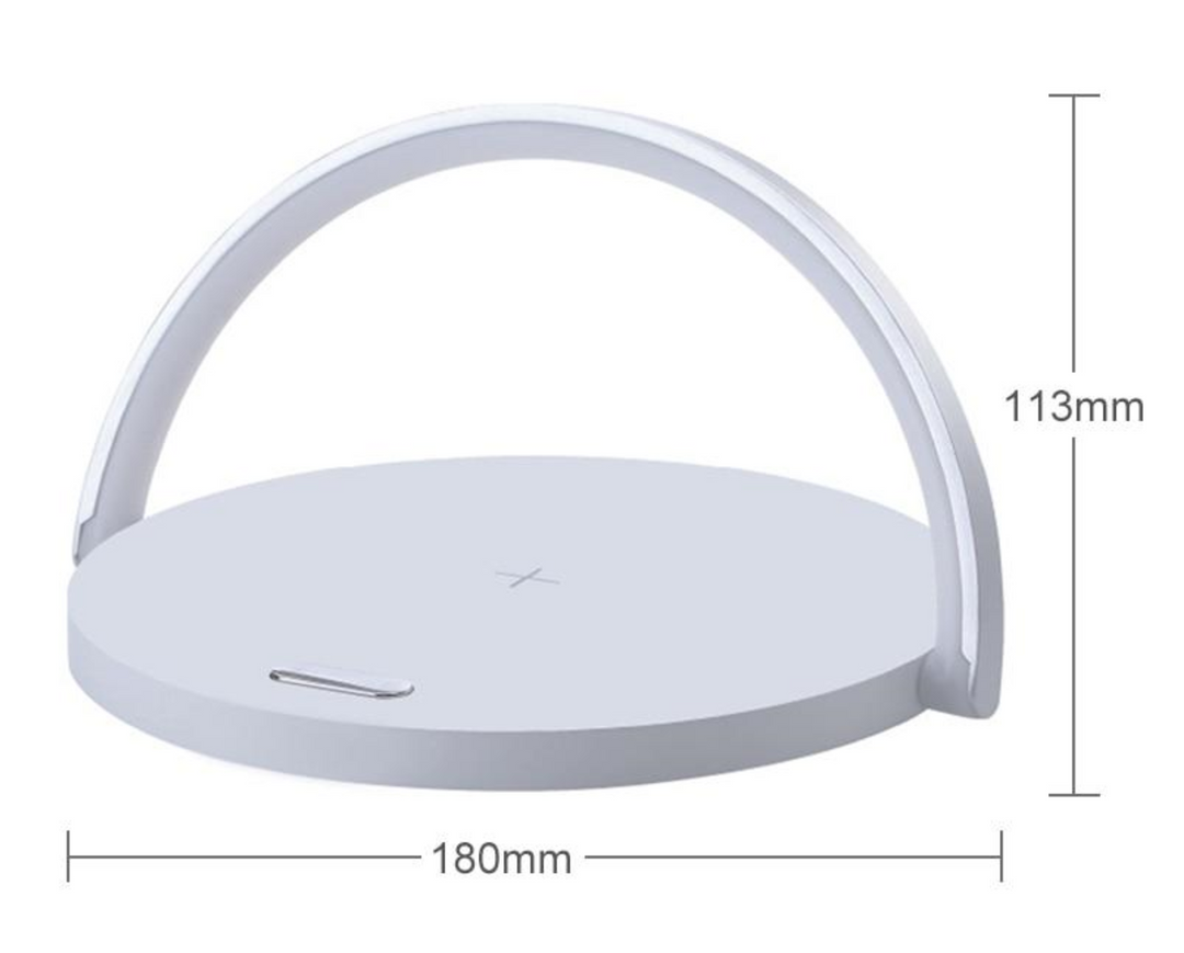 Stijlvolle 3-in-1 lamp: nachtlamp, draadloos opladen en smartphonehouder. Design voor elk interieur.