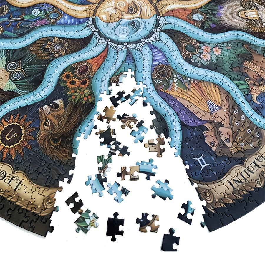 Gedetailleerde ronde puzzel met 1000 stukjes, met levendige sterrenbeelden en astrologische symbolen.