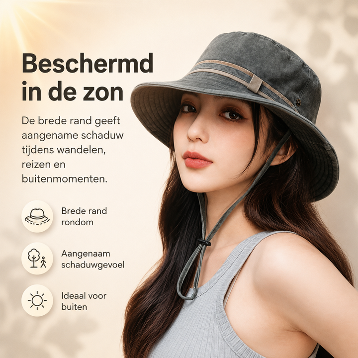 Stijlvolle dames zonnehoed met UV bescherming; perfect voor zomerse buitenactiviteiten.