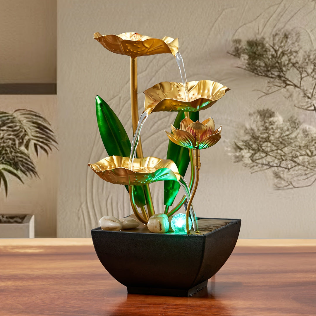 Serene Lotus Binnenfontein geplaatst op een houten tafel met verlichting