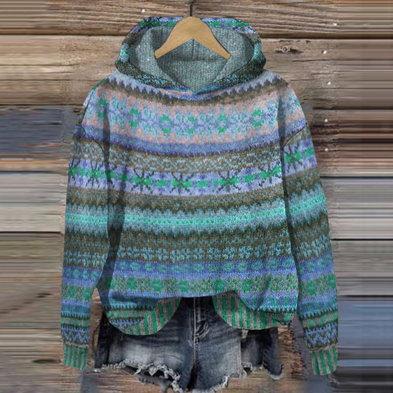 Damestrui in noorse stijl met capuchon in bruin, groen en blauw