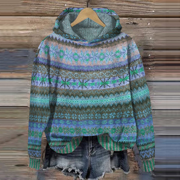 Damestrui in noorse stijl met capuchon in bruin, groen en blauw
