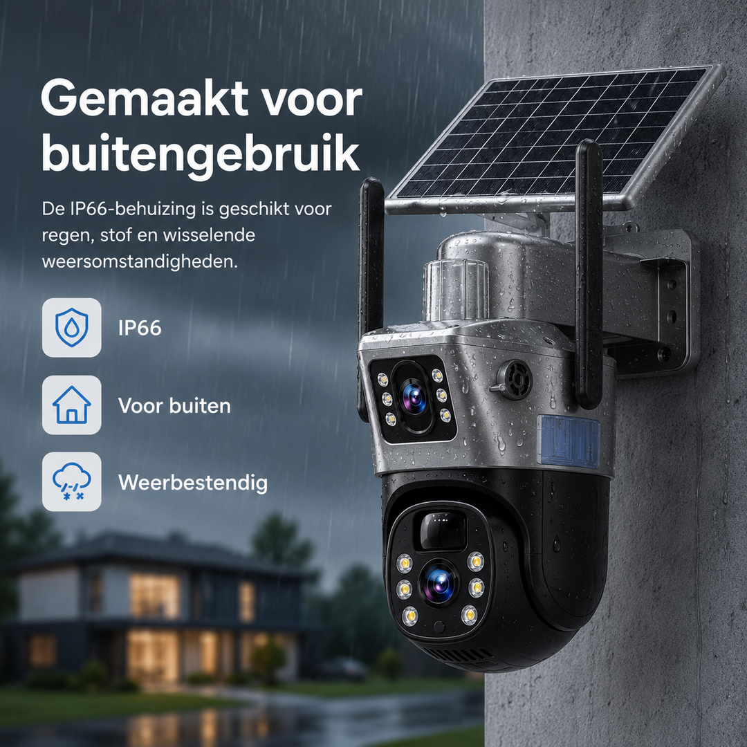 DualGuard Solar 4K buitencamera die weerbestendig is en getest wordt tegen regen