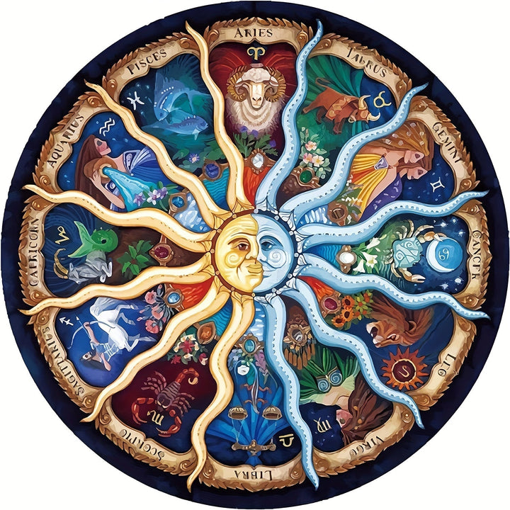 Ronde 1000-delige sterrenbeeld puzzel voor volwassenen, perfect voor ontspanning en astrologie liefhebbers.