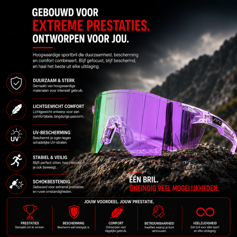 Complete set van de heren sportzonnebril inclusief opbergetui