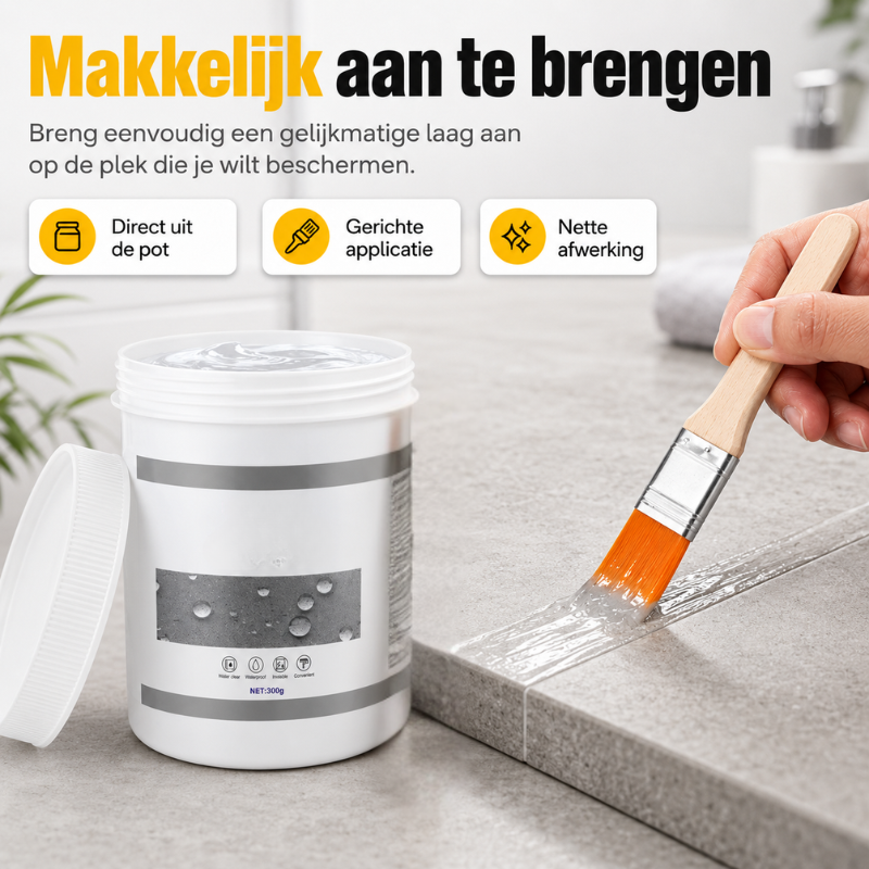 Universele rubbercoating, transparant en flexibel, ideaal voor barsten en naden in de badkamer.