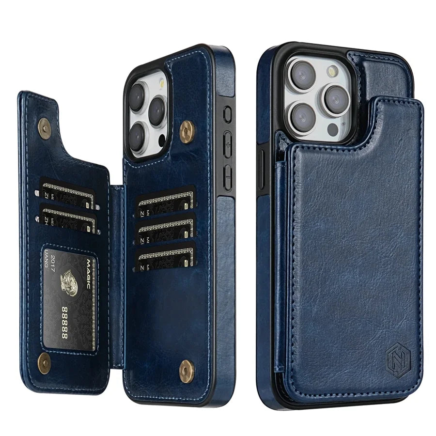 Detailopname van de textuur van de premium lederen telefoonhoes met strakke stiksels en sluiting.
