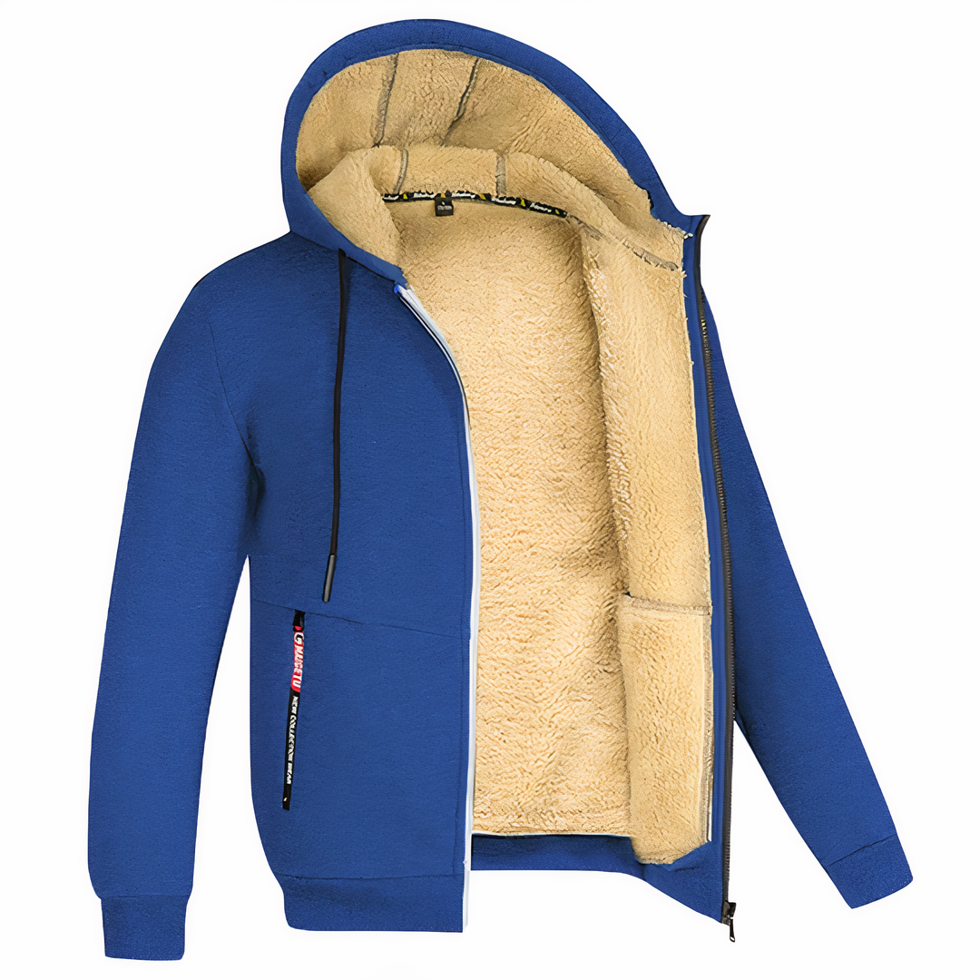 Zijaanzicht van comfortabele herfstjas voor heren met capuchon