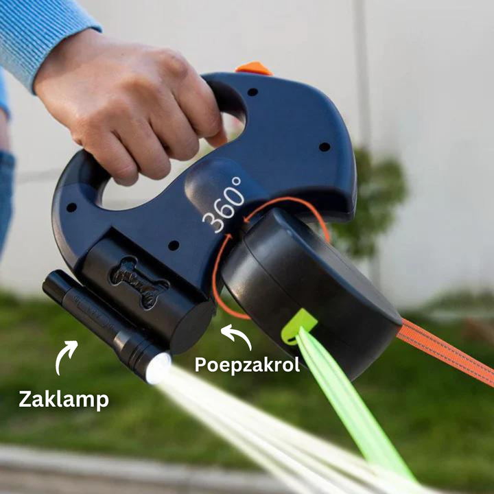 Verpakking en complete set van de dubbele hondenriem met zaklamp en accessoires voor huisdieren