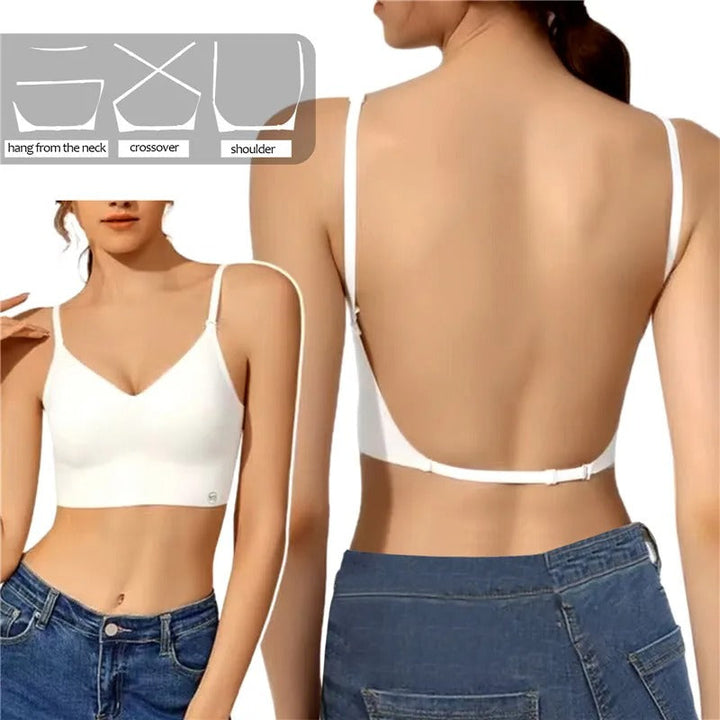 Witte push up bh met lage rug, ideaal voor zomerjurken en elegante avondkleding.