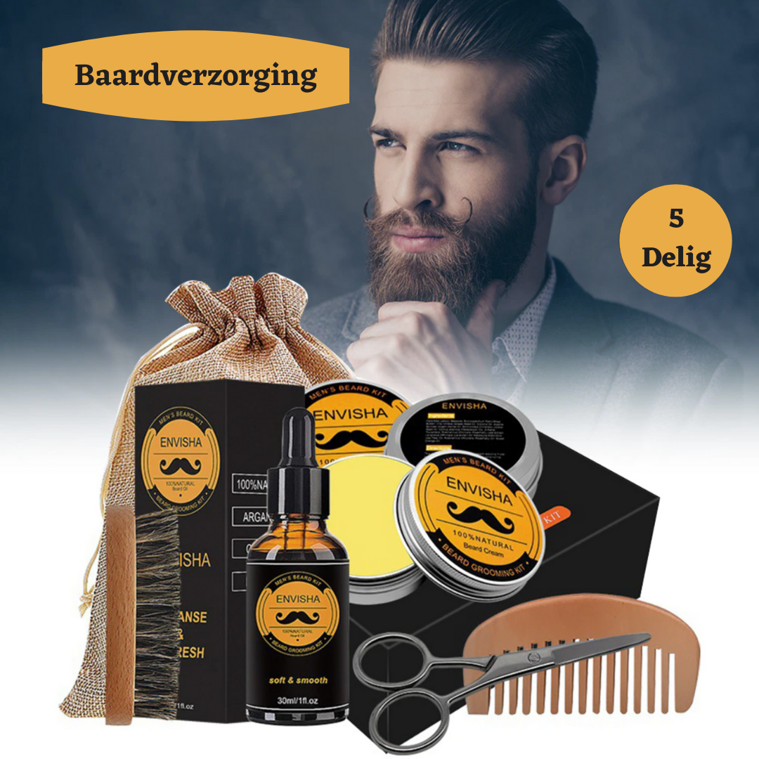 Complete Baardverzorgingskit voor mannen, met olie, balsem, borstel, kam en schaar voor een verzorgde baard.