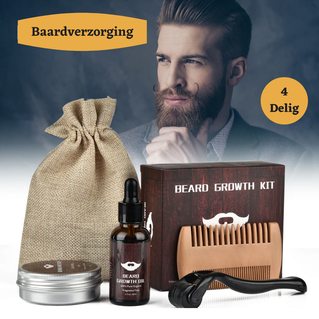Baardgroei kit met micronaald roller, olie, kam en baardbalsem voor stimulatie van baardgroei en huidverzorging.