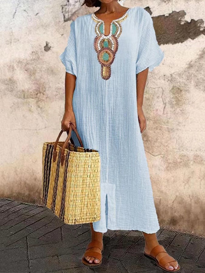 Dames maxi kaftan jurk in boho stijl met gedetailleerd borduursel bij de hals voor zomer