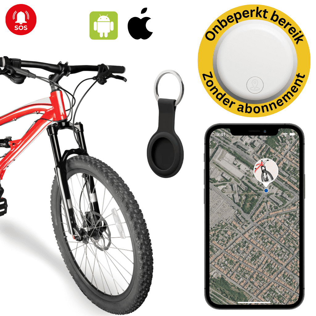 GPS tracker getoond naast een fiets, sleutelhanger en smartphone met app